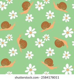 Vector seamless pattern of snails and flowers. Flat style. Flower meadow. Cute texture on theme of nature, spring, summer, children print