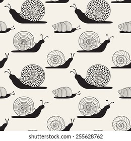 Vector seamless pattern with snails. Shells with different patterns. Monochrome graphic design. Symbol of slowness. It can be used for illustration of a sluggish motion