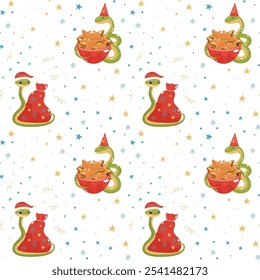 Vector seamless pattern with snake and snowflakes, Christmas design, Chinese symbol of the New Year 2025, flat style