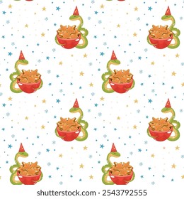 Vector seamless pattern with snake and snowflakes, Christmas design, Chinese symbol of the New Year 2025, flat style