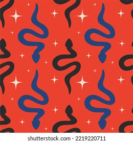 Vector seamless pattern with snake and stars. Mystical esoteric background for fabric design, packaging, phone case, wrapping paper