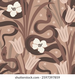 Vector seamless pattern with snakes in blooming garden