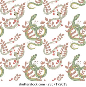 Vector seamless pattern with snakes and herbs on a white background. Animalistic texture with serpents and stems and foliage on a white background for wrapping paper, fabrics and wallpapers