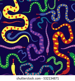 Vector seamless pattern with snakes on a dark blue background