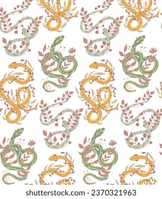 Vector seamless pattern with snakes and stems on a white background. Animalistic texture with curled serpents and herbs on a white background for wrapping paper, fabrics and wallpapers