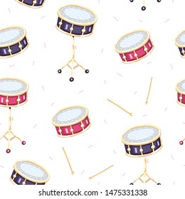 Vector seamless pattern with snare drums. Сlassical percussion musical instruments. Violet, red and golden colors. Isolated objects. White background. 