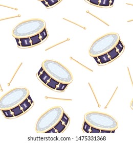 Vector seamless pattern with snare drums and sticks. Сlassical percussion musical instruments. Violet and golden colors. Isolated objects. White background. 