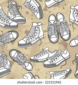 Vector seamless pattern with sneakers. Grunge background with drops and splashes