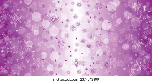 Vector seamless pattern with snoflakes and stars on a rose gradient background with bokeh