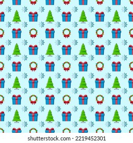 Vector seamless pattern of snow, giftbox and wreath on blue background for textile, clothes, postcards, wallpapers. Christmas and New Year concept