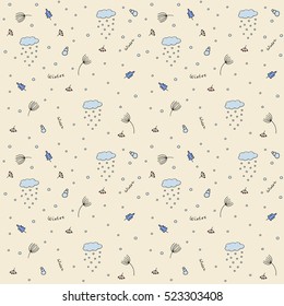 Vector seamless pattern - snow, snowing clouds, snowflakes, snowballs, firs, rowan bunches and lettering Winter