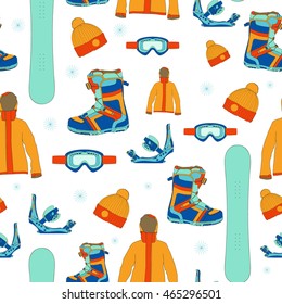 Vector seamless pattern with snowboard equipment. Hand drawn design elements: snowboard, boots, binding, jacket, glasses, hat. 