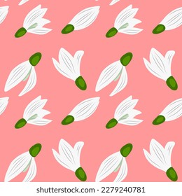 Vector seamless pattern with snowdrop flowers on a pink background. Vector illustration