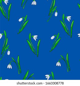 Vector seamless pattern with 
snowdrops and green leaves on a white background. Use in fabric, wrapping paper, wallpaper, bags, clothes, dishes, cases on smartphones and tablets, 