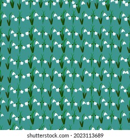 Vector seamless pattern with snowdrops  on a shade of cyan background.