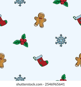 Vector seamless pattern with snowflake, mistletoe and gingerbread man. New Year and Christmas background for design, decoration, wrapping paper, print