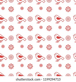 Vector seamless pattern with snowflakes and birds. Christmas and New Year 2019 background. Design for wrapping, fabric, print.