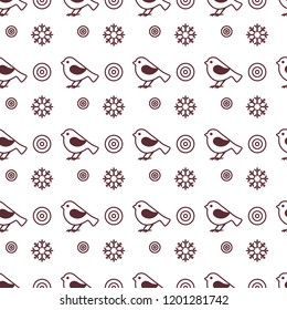 Vector seamless pattern with snowflakes and birds. Christmas and New Year 2019 background. Design for wrapping, fabric, print.