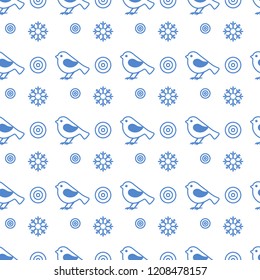 Vector seamless pattern with snowflakes and birds. Christmas and New Year 2019 background. Design for wrapping, fabric, print.