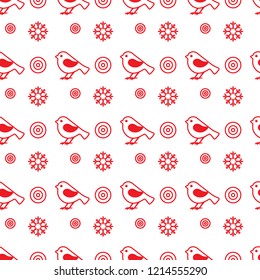 Vector seamless pattern with snowflakes and birds. Christmas and New Year 2019 background. Design for wrapping, fabric, print.