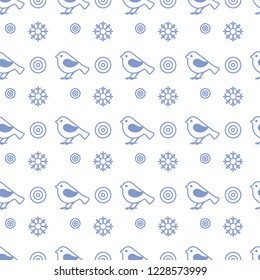 Vector seamless pattern with snowflakes and birds. Christmas and New Year 2019 background. Design for wrapping, fabric, print.