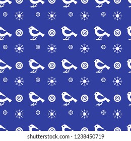 Vector seamless pattern with snowflakes and birds. Christmas and New Year 2019 background. Design for wrapping, fabric, print.