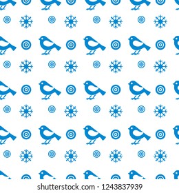 Vector seamless pattern with snowflakes and birds. Christmas and New Year 2019 background. Design for wrapping, fabric, print.