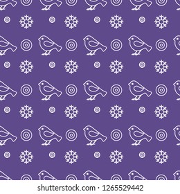 Vector seamless pattern with snowflakes and birds. Christmas and New Year 2019 background. Design for wrapping, fabric, print.