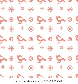 Vector seamless pattern with snowflakes and birds. Christmas and New Year 2019 background. Design for wrapping, fabric, print.