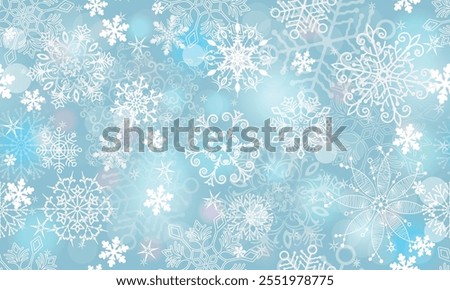 Vector seamless pattern with snowflakes and bokey on a blue background. Christmas and New Year design