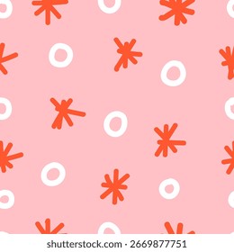 Vector seamless pattern with snowflakes and confetti for xmas and winter cheer, hand drawn vector illustration for wrapping paper, wallpaper, or holiday decoration