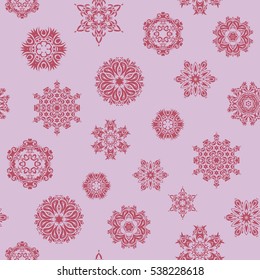Vector seamless pattern with snowflakes, doodles and dots on neutral background. For the Christmas design and decoration. Watercolor painting effect. Handmade drawing.