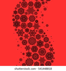 Vector seamless pattern with snowflakes, doodles and dots on red background. For the Christmas design and decoration. Watercolor painting effect. Handmade drawing.