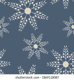 Vector seamless pattern with snowflakes. Elegant Christmas and New Year background. Doodle style painting, hand drawn elements. Blue, white and gold color. Repeat design for decor, print, wallpapers
