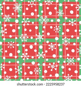 Vector seamless pattern with snowflakes on tartan. Cute design for Christmas wrappings, textile, wallpaper and backgrounds.