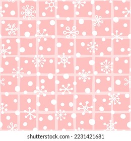 Vector seamless pattern with snowflakes on tartan. Cute design for Christmas wrappings, textile, wallpaper and backgrounds.