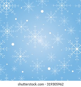 Vector seamless pattern with snowflakes on the blue background. Vintage background for winter and christmas theme. Snowy texture. 
