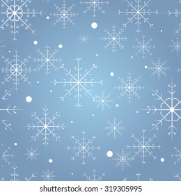 Vector seamless pattern with snowflakes on the blue background. Vintage background for winter and christmas theme. Snowy texture. 
