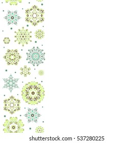Vector seamless pattern with snowflakes on white background. Vertical snowflakes pattern with copy space (place for your text).