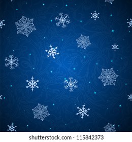 Vector seamless pattern with snowflakes and stars on the dark blue backgrounds.
