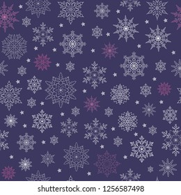 Vector seamless pattern of snowflakes and stars on a purple background. Thin delicate lines silhouettes of different snow elements. New year ornament.