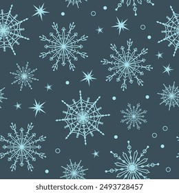Vector seamless pattern with snowflakes and stars on a blue background. New Year and Christmas winter background with snowfall. Pattern for packaging, paper and wallpaper during the cold season.