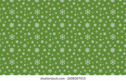 Vector seamless pattern with snowflakes and stars on a green background.