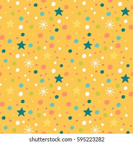 Vector seamless pattern with snowflakes, stars and confetti. Children's illustration.