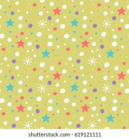 Vector seamless pattern with snowflakes, stars and confetti. Children's illustration.