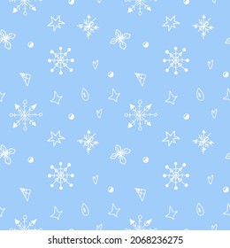 Vector seamless pattern with Snowflakes white line on blue hand painted background.Winter, Christmas, New Years print in doodle style.Design for textiles,fabric,wrapping paper,packaging,wallpaper.