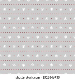 Vector Seamless Pattern of Snowflakes. Winter Traditional Holiday Wallpaper with Snow Print. Striped White Red Gray Background for Gift Wrapping or Textile. Christmas and New Year 