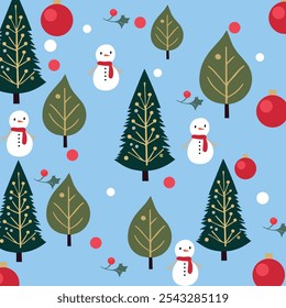 Vector naadloos patroon met sneeuwpop, kerstbomen en sneeuwpop. Winter achtergrond Kerst Nieuwjaar