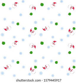 Vector. Seamless pattern. Snowman with red Santa hat, blue Snowflake, green ball on white background. Cute image. Can be use for fabric, print, paper, origami, wrapping. Holiday season.