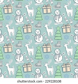  Vector seamless pattern with snowman, reindeer, ice skates, Christmas tree, gift, footprint, snowflakes on a green background. New Year, Christmas